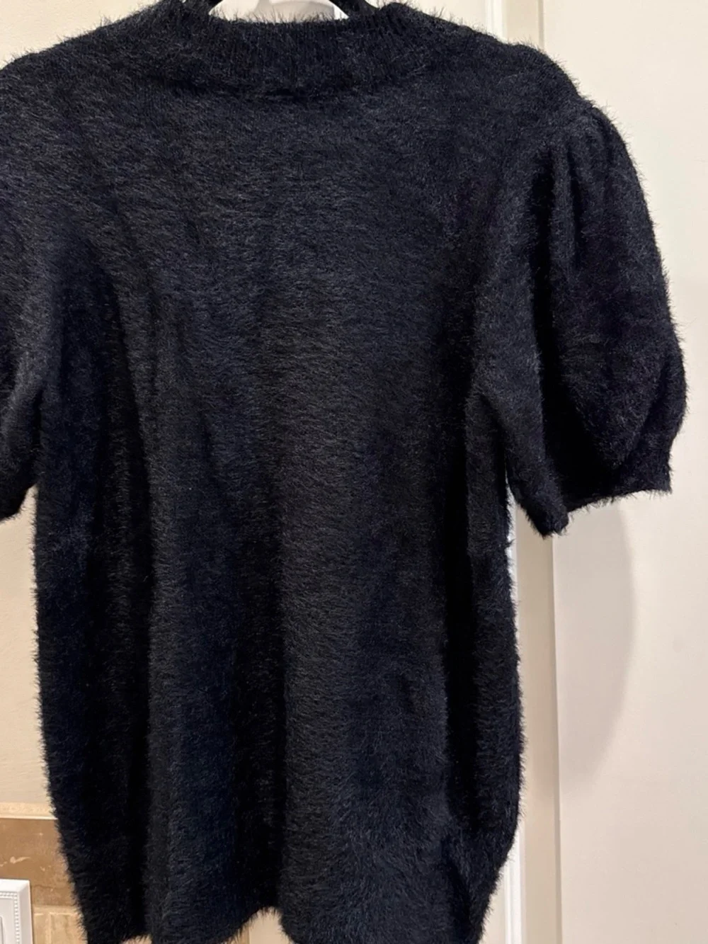 CeCe Black Fuzzy Short-Sleeve Crewneck Sweater